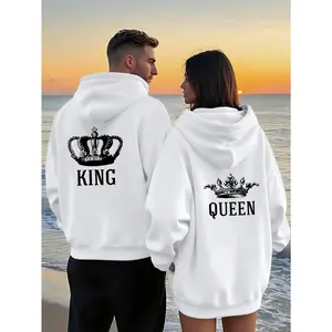 Couple's Bold and Flashy "KING Crown + QUEEN Crown" Print Hooded Sweatshirt, Combining Bold and Flashy Elements with Crown Symbols, Suitable for Couples Pursuing a Bold Style for Outings and Daily Socializing, Showcasing a Bold and Flashy Couple's