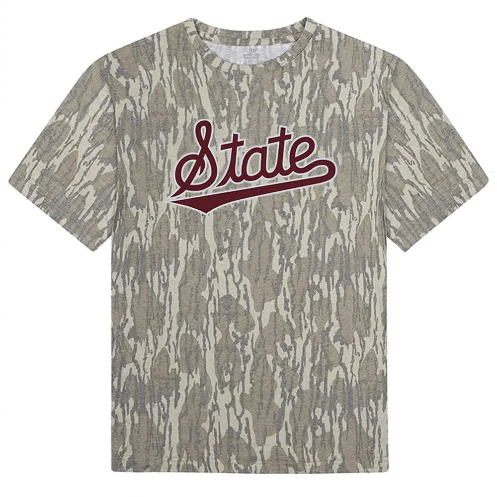 Mississippi State Script “State” Maroon Logo Camo Tee – Collegiate Bottomland Style Graphic Shirt
