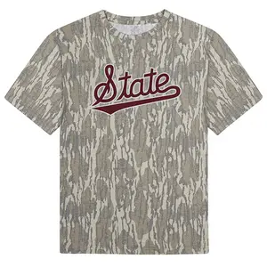 Mississippi State Script “State” Maroon Logo Camo Tee – Collegiate Bottomland Style Graphic Shirt