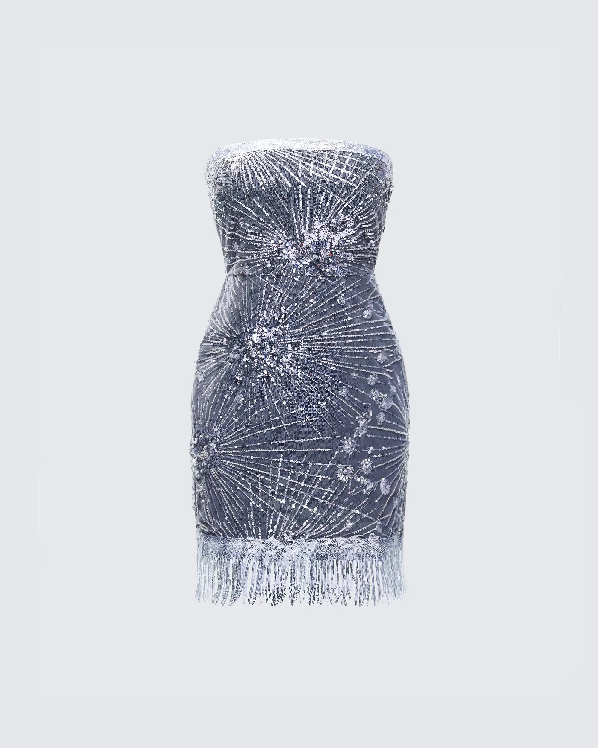 Women's Strapless Bodycon Cocktail Dress in Black Mesh with a Starburst Sequin Pattern and Fringe Hem Detail, Polyester, Party Fit, Glam Style, Lady, Watch Party, Straight-Across, Event Ready, Short, Disco Style