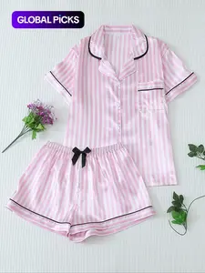 Women's Two-Piece Striped Print Pajama Set with Contrast Binding Lapel Neck, Short Sleeve Button-Up Top & Bow Decor Elastic Waist Shorts, Sleepwear Loungewear Shorts Set for All Seasons