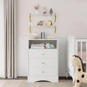 RoyalCraft Dresser with Drawers & Floating Shelves, 3 Drawer Dresser with Open Storage & Painted Finish, Modern Storage Dresser for Toddler Room, Bedroom, Closet, Hallway, White