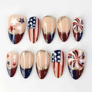 Sidosona S03 Luxury American Flag Design 4th of July Short Almond Handmade Press-on Nails, Statement Nails For Everyday, Salon Quality, Reusable Acrylic Handmade Nails with Tool Kit