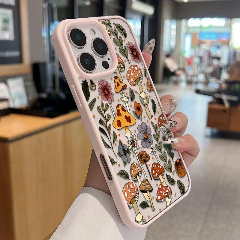 Mushroom & Wildflower Print Phone Case  Add A Touch Of Forest Charm & Playful Warmth To Your Daily Device Featuring Built-In Strong Magnet Ring Blending Smooth Macaron Texture With Secure Magsafe Compatibility For iPhone 17 16 15 14 13 12 11 X XS