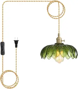 Plug in Pendant Light with Green Glass Lamp Shade Brass  Hanging Light Fixture Adjustable Chandelier for Kitchen  Dining Room Bedroom Living Room Hallway (Green)