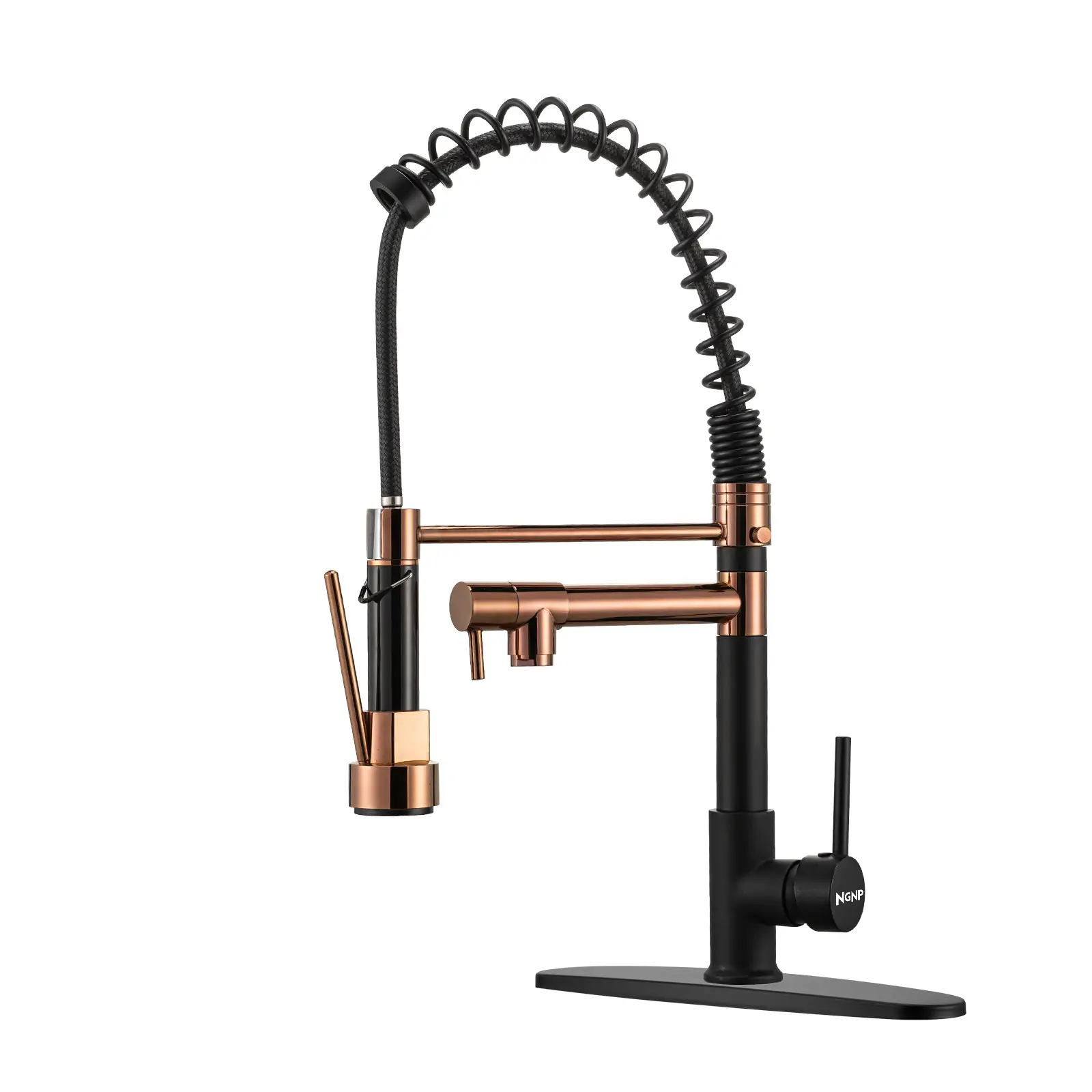 NGNP Kitchen faucet with pull-down spray, single handle double outlet commercial kitchen sink faucet, solid copper body, compatible with deck 1 or 3 h