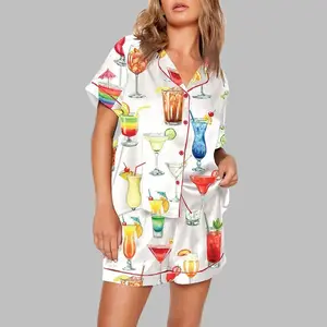 Cocktail Drinks Satin Pajama Set Women, Party Beverage Theme Sleepwear, Short Sleeve Silky Lounge Outfit, Fun Gift Idea