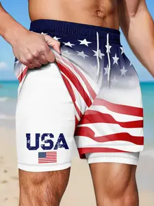 Men's Usa Flag Print Sporty Shorts, Loose-Fitting, Random Print, All-Seasons, Multiple Styles Available, 250th Anniversary Design