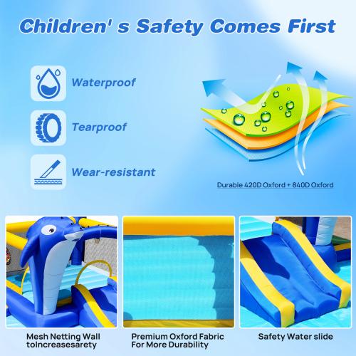 8-in-1 Inflatable Water Park with Slide, Trampoline, Dolphin Sprinkler & Target games & Water gun & Basketball
