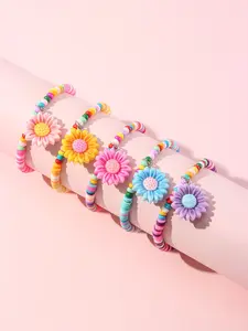 5pcs/set Multicolor Soft Clay Glass Beaded Resin Flower Pendant Elastic Bracelet Set for Girls School Birthday Party Gift Accessory
