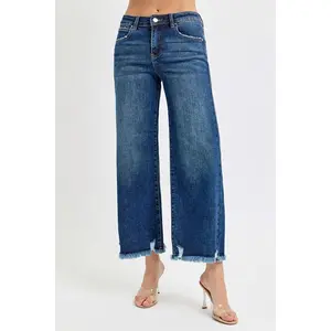 The Flirty Fray Mid-Rise Crop Wide Leg Pants Risen Brand (Dark)