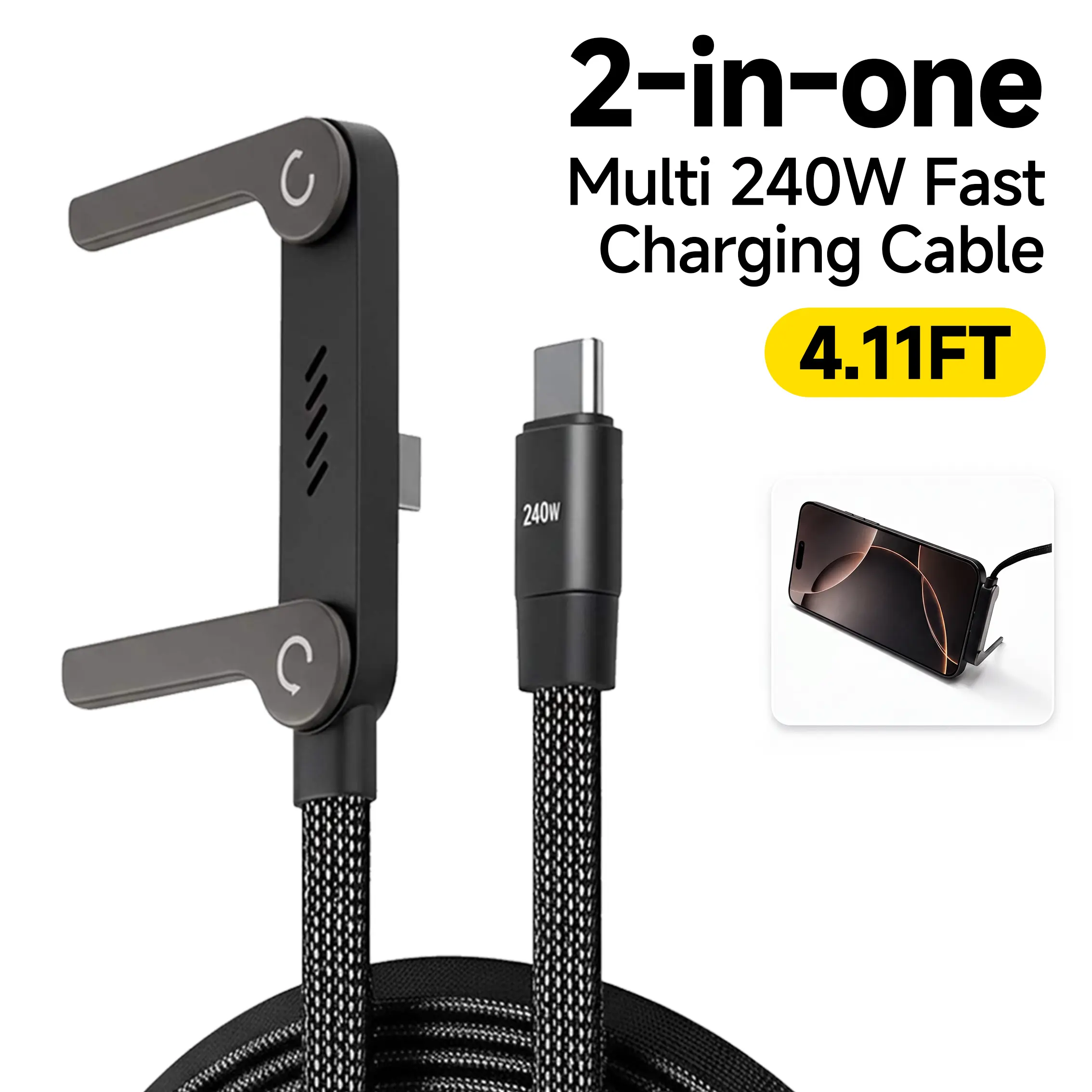 FIOK 240W 2-in-1 Cable and Phone Stand, Nylon+Zinc Braided Type-C Plug Cord with Invisible 360° Rotating Stand, PD Standard Fast Charging for Gamers/Travellers, Single Head
