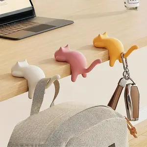 3pcs Mini No Drill Strong Adhesive Cat Wall Hooks, Plastic Desktop Key Holder Hooks for Bathroom Kitchen Decor, Easy Install Hook Set, Self Adhesive Hooks