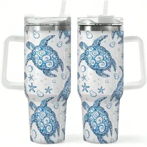 40oz Stainless Steel Sea Turtle Tumbler - Handle, Lid