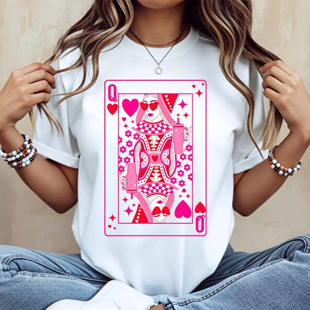 Queen Of Hearts Playing Card Print T Shirt Women Casual Short Sleeve Top Fashion Graphic Tee