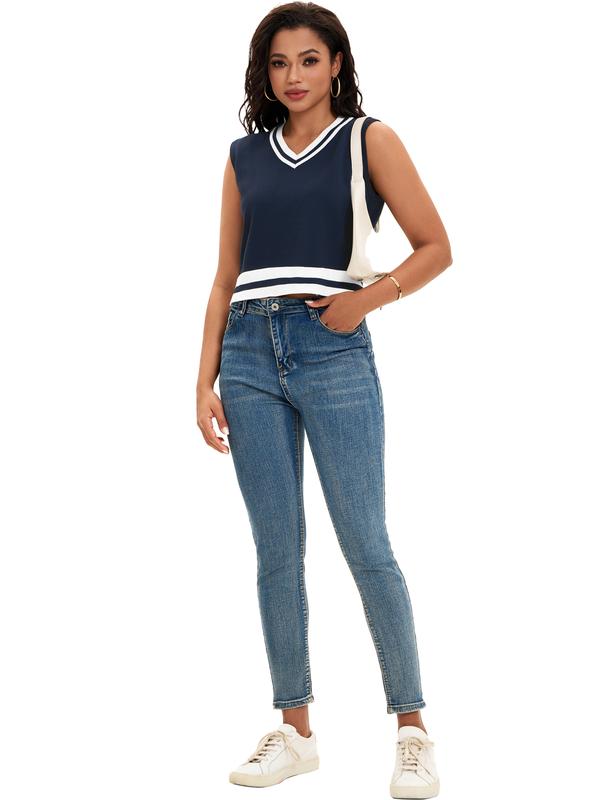 ATHLECHIC Women's Summer Crop Tops Knit Vest Color Block Sleeveless V Neck Tank Tops Loose Fit Tops Dark Blue White