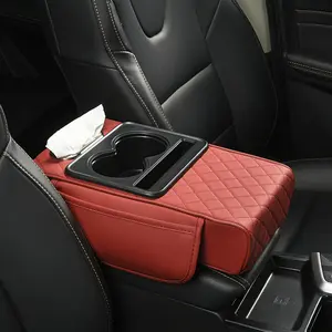 Red, General Motors armrest box protective cover imitation leather center console pad with 2 side pockets+2 cup holders+1 paper drawer box, multifunctional storage suitable for mobile phones/water bottles/cards, suitable for most car models