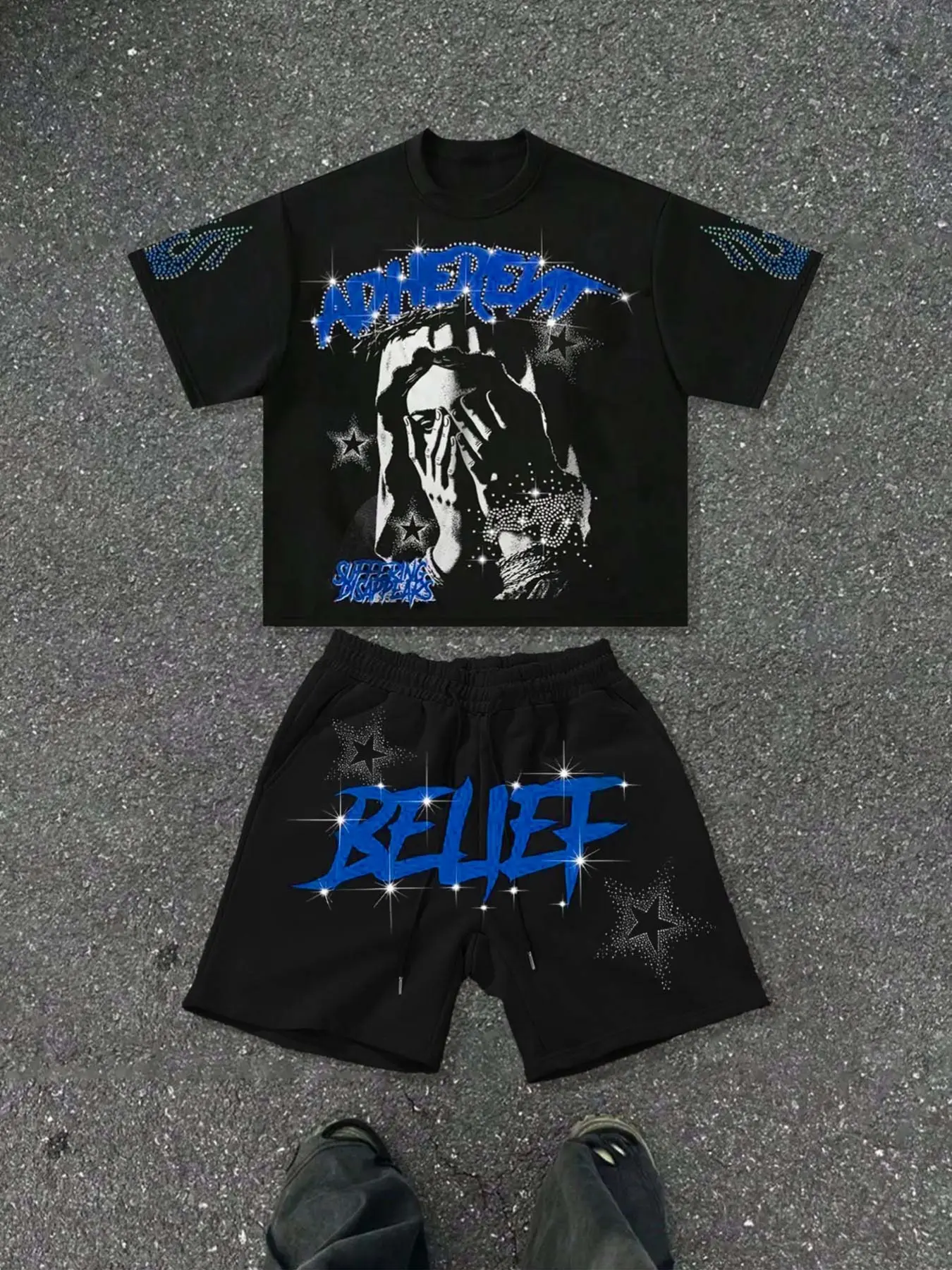 Men's Casual Aesthetic Geometric Print Tee and Drawstring Shorts Set, Rhinestone Loose Fit Round Neck, Soft Breathable, Perfect for Leisure Sports, Menswear, Classic, Clothes