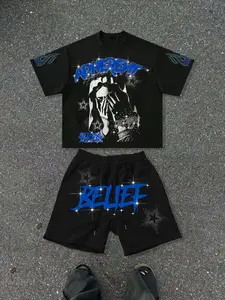 Men's Casual Print Tee and Drawstring Shorts Set, Rhinestone Loose Fit Round Neck, Soft Breathable, Perfect for Leisure Sports