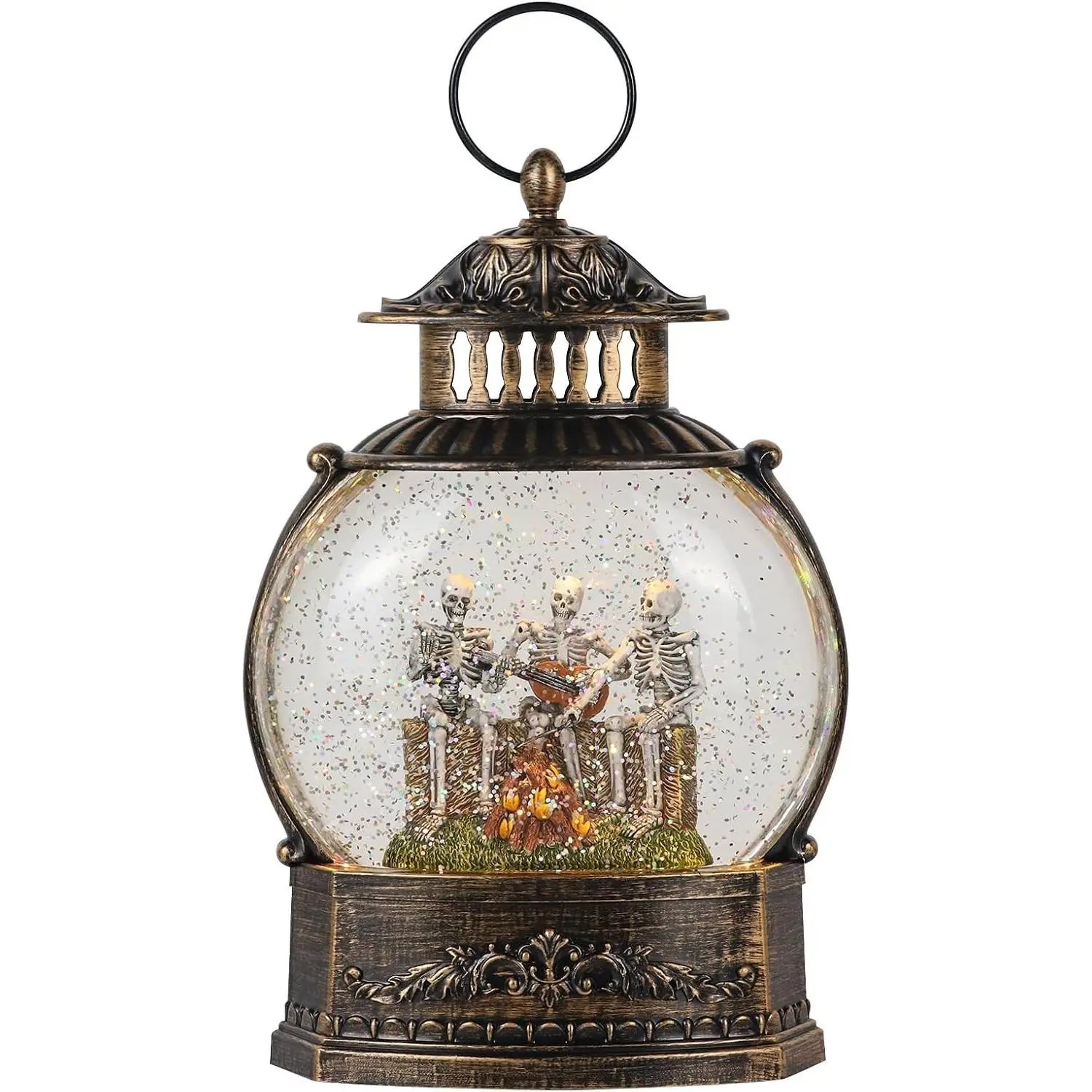 Halloween Skeleton Bronze Snow Globe Lantern with 6 Hour Timer | Battery Operated USB Powered, Spinning Water Swirling Glitter, USB Included, Canteen Shaped Lighted Lamp, Halloween Decor