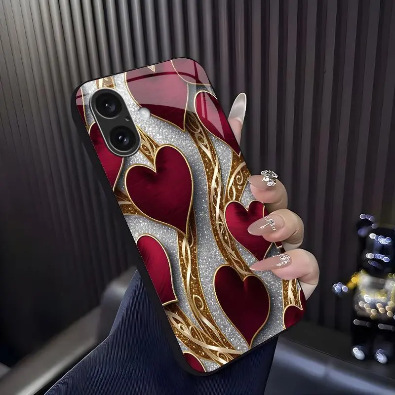 Luxurious romantic heart case for iPhone 16 Plus, elegant gold trim love pattern cover, best gift for her, anniversary, aesthetic phone accessory — 975