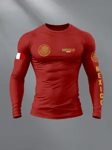 Men Mexico Style Compression Shirts, Premium National Emblem Graphic Long Sleeve Sports Tops, Quick Dry Breathable Athletic Fitness Tees, Authentic Mexican Flag Pattern Gym Workout Tops, Athletic Fitted Breathable #MexicoFashion #SportsGear