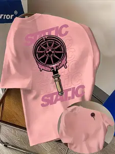 Men's Casual Pattern T-Shirt with Static Car Wheel Print, Street Fashion, Soft Polyester Fabric, Round Neck, Fitted H-Type Silhouette