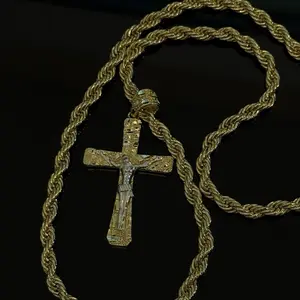 Gold Plated Cross Big Pendant Religious Necklace 24” Rope  Chain