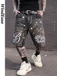 Men's Floral Rhinestone Embroidered Denim Shorts, Street Style Bodega Desires, Loose Fit, Perfect for Hip Hop, Nightclub, Music Festivals