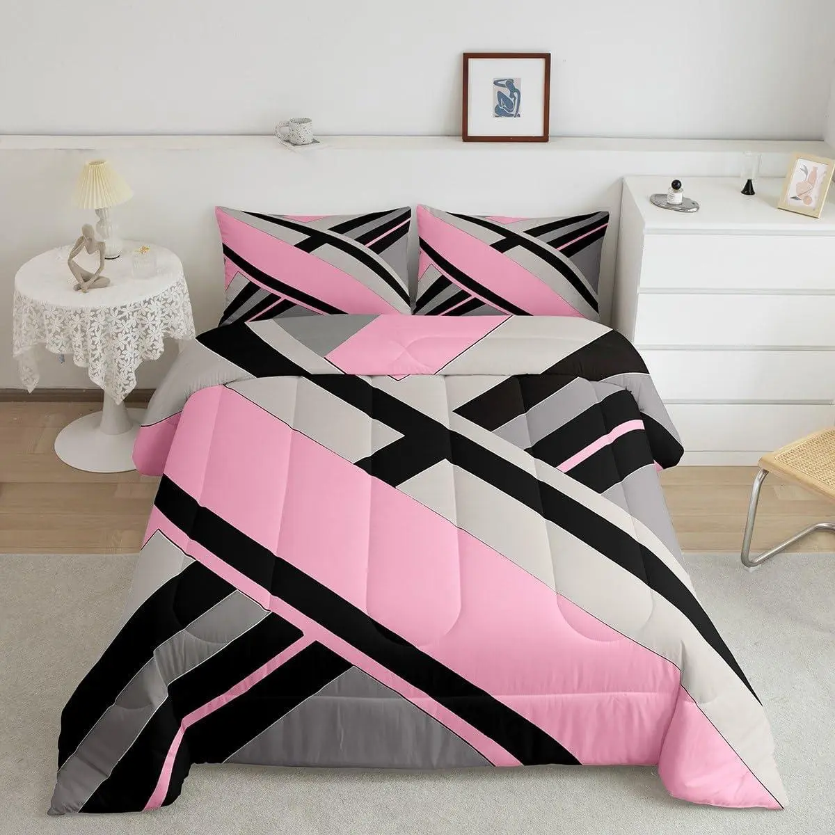 Pink Grey Black Abstract Comforter Set Abstract Geometric Bedding Set Modern Design Bed Set