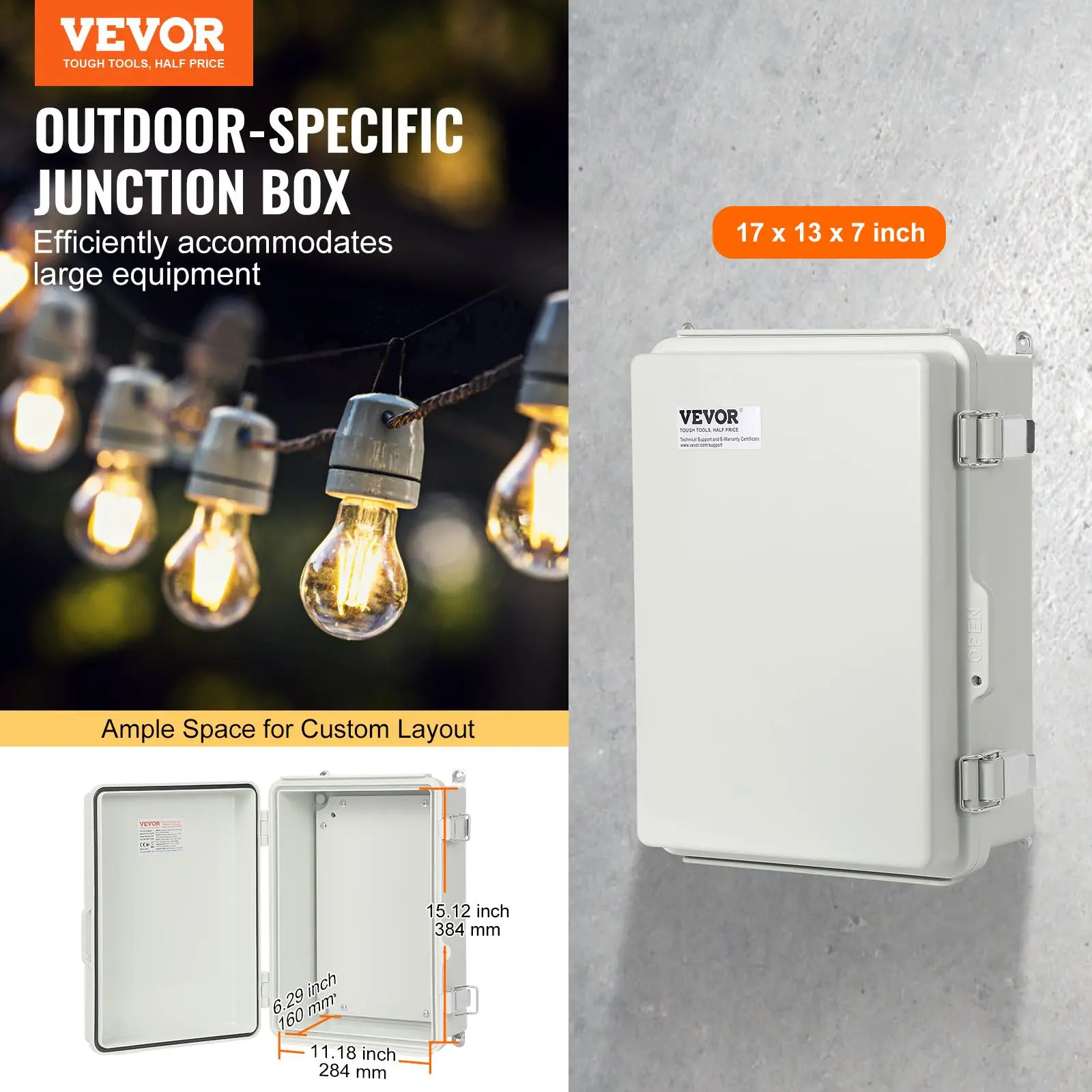 VEVOR IP67 Rated Outdoor Electrical Junction Box, 16.93 x 12.99 x 7.09 in Multi-Size ABS Plastic Enclosure with Hinged Lid & Stainless Steel Latch, Dustproof Waterproof Durable Unit for Wall Mounting, Home Improvement Protection & Easy Installation