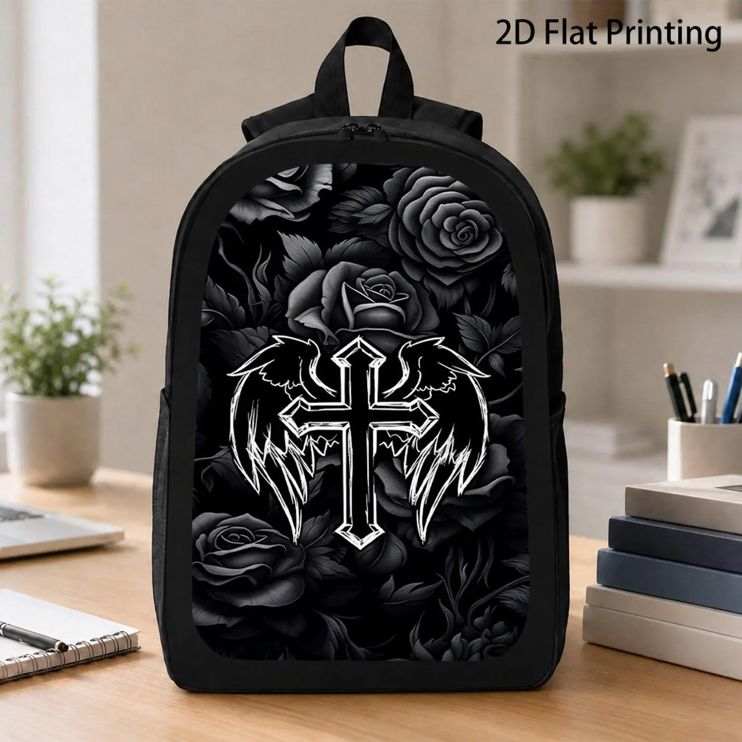1pc Printed Backpack with Black Rose Cross And Wings Pattern Suitable for Daily School And Travel Use
