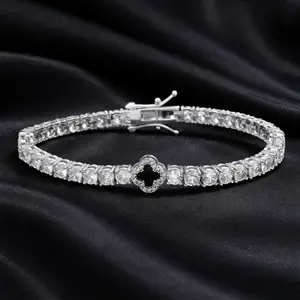 Women White Gold Plated Tennis Bracelet Iced Out CZ Chain Red Green Blue Black Clover Charm Hip Hop Jewelry