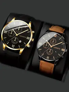 Men's Fashion Watch Set (2 pieces), Quartz Movement, Date Display Function, Casual Men's Timepiece, Professional Watch, Durable Watch, Perfect for Daily Wear, Premium Choice, Men's Wristwatch