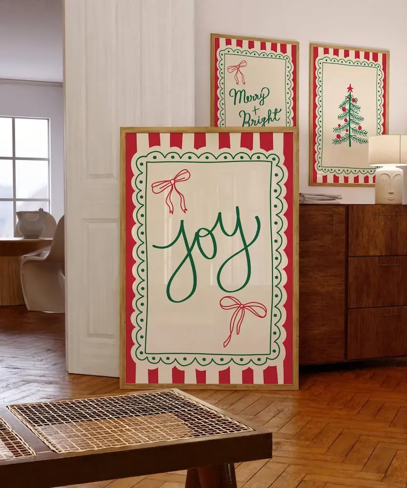 Vintage Christmas Wall Art Whimsical Merry Christmas Print Trendy Holiday Wall Art Cute Christmas Art Print Red Green  Christmas poster Art poster Christmas poster  [NO FRAMED]