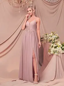 Floor-Length Chiffon Fabric Formal Gown, Dusty with Lace Waist Detail, Spaghetti Straps & Side Slit, Ideal for Bridesmaids, Prom & Evening Parties