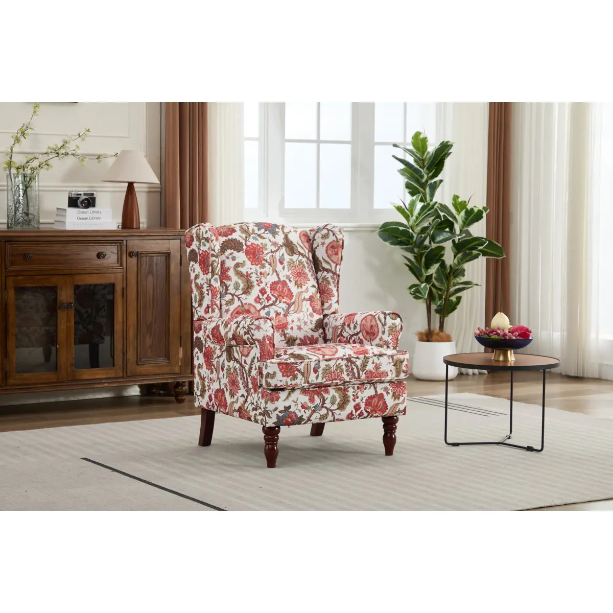Indoor Floral Red Wingback Accent Chair - Linen Fabric, Curved Armrests, Roman-Style Legs, Unique Floral Patterns, Clever Details, 39.60 lbs, 27.95x29.53x37.80in, Easy Assembly for Living Room, Bedroom Leisure Time Use, Curved Arms, Elegant Solid Wood Leg