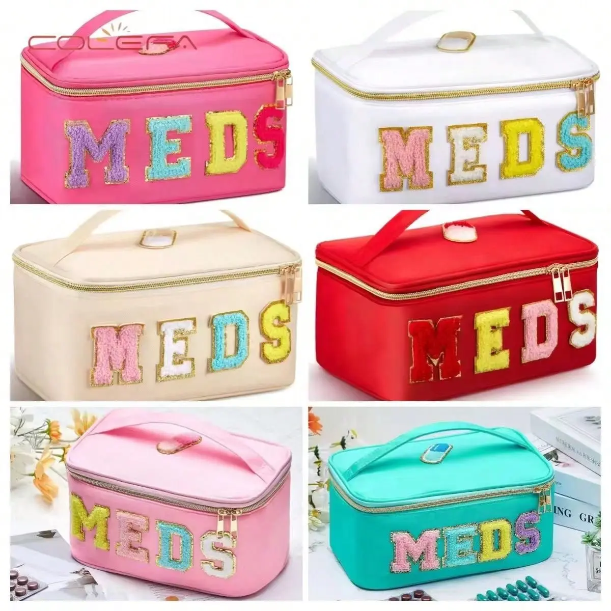 Large Black Chenille MEDS Bag Travel Toiletry & Pill Storage Organizer for Women Men Colorful Kitchen Portable Holder