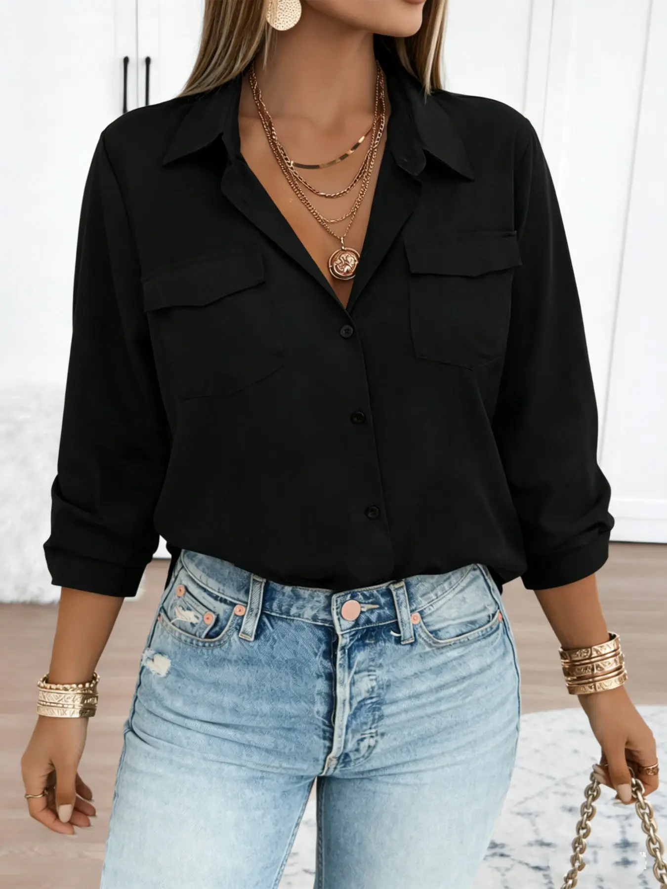 Plus Size Women Solid Color Oversized Collared Button-Down Shirt – Casual Loose Fit Long Sleeve Pocket Blouse,Trendy Office Work Outfits, Daily Street Style Top, Y2K Aesthetic Clothes