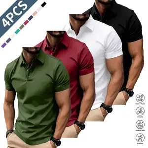 Men’s 4-Piece Polo Set – Men’s casual polo shirt, solid color button-up basic, versatile, men’s bowling/golf clothing, suitable for everyday wear, summer business style