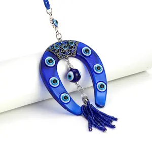 Blue Evil Eye & Horseshoe Alloy Charm — Tasseled Lucky Amulet and Car Hanging Ornament