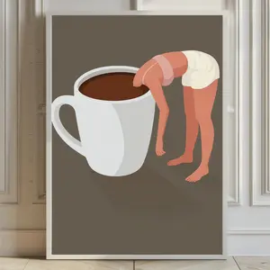 Funny Coffee Art Print Canvas, Wooden Wall Art, Woman Figure in Coffee Cup, Digital Wall Decor, Modern Home Decor, Kitchen Office Cafe Gift, 1 Piece