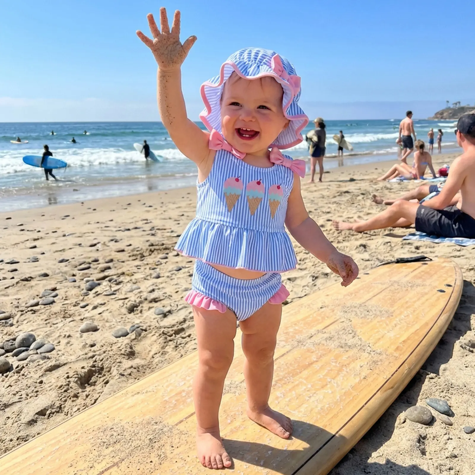 Baby Girls' 2-Piece Toddler Swimsuit Set - Ice Cream Print Tank Top, Striped Shorts, and Matching Hat for Summer Beach Bathing