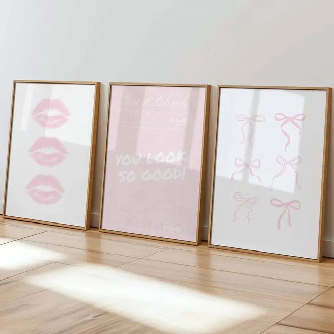 Set of 3 Light Pink Prints Poster Coquette Wall Art with Guest Check, Bows, and Kiss for Trendy Girly Dorm, Bedroom, or Vanity Aesthetic Decor