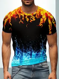 Men's Flame Pattern T-Shirt- Bold 3D Printed Orange-yellow-red Gradient Flames, Lightweight and Breathable Polyester Fiber, Essential for Street Style, Gym, and Parties- Regular and Oversized Loose Fit Design, Dynamic Flame Pattern- Machine Washa