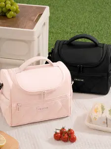 1Pc Large Capacity Reusable Insulated Lunch Bag Lunchbox Tote, Pink/Black Zipper Design Simple & Elegant, New Year Gift, Essential For Picnic Food Storage & Keeping Warm Bag For School School Accessories School Stuff