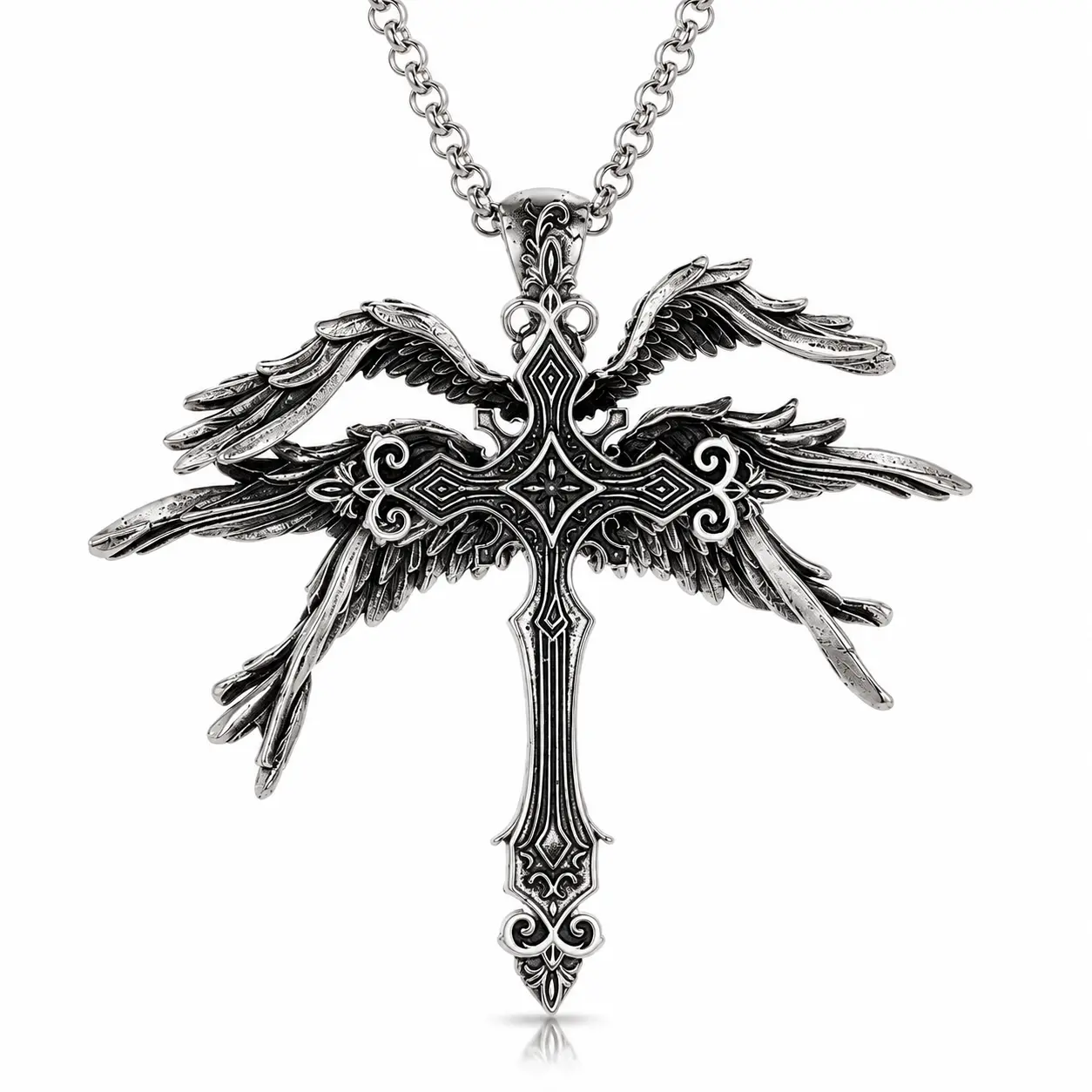Retro Gothic Cross Costume Jewelry Necklace - Alloy with Metal Coating, Unisex Baroque Style, 6 Angel Wings Detailed Pendant, Stainless Steel Gothic Aesthetics Jewelry for Daily Wear, Non-Natural Crystal Necklace & Pendant