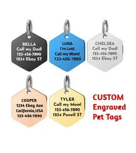 Engraved Pet ID Tag Stainless Steel Hex Shape Double‑Sided Dog Cat PET TAGS