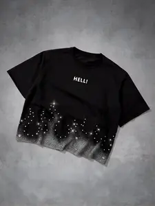 Men's Black Cropped "HELL!" T-Shirt with Rhinestone Flame Print, Y2K Streetwear Tee, Short Sleeve Crew Neck Top for Summer Daily, Grunge and Night Out