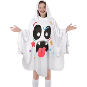 Adult Ghost Costume White Ghosts Hooded Spooky Poncho for Women Halloween Funny Cartoon Cape